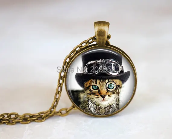 

Steampunk Necklace Movie Cat Top Hat 1pcs/lot Steel Glass Pendant