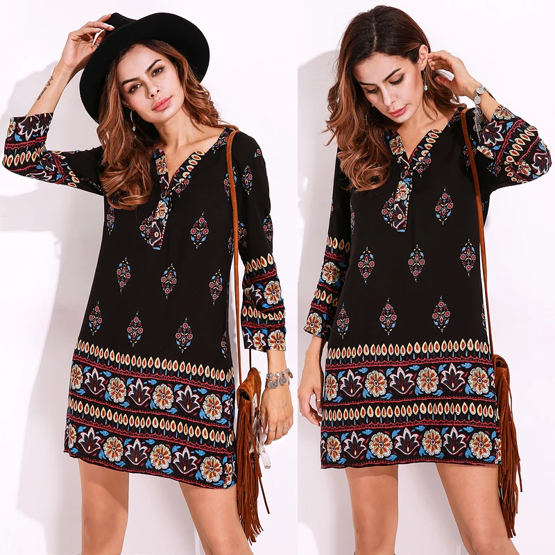 Для женщин Повседневное Этническая Boho Стиль свободные Ретро V шеи платья с