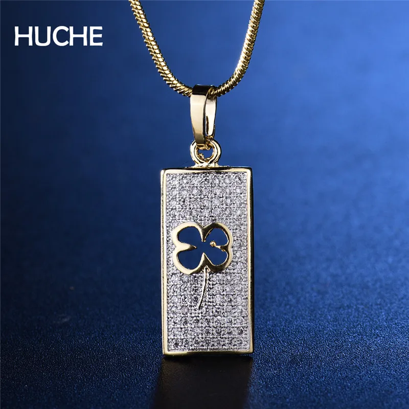 HUCHE Square With Clover Hollow Pendant For Necklace Women Pave AAA Cubic Zircon Vintage Copper Fashion Jewelry HYJP051 | Украшения и