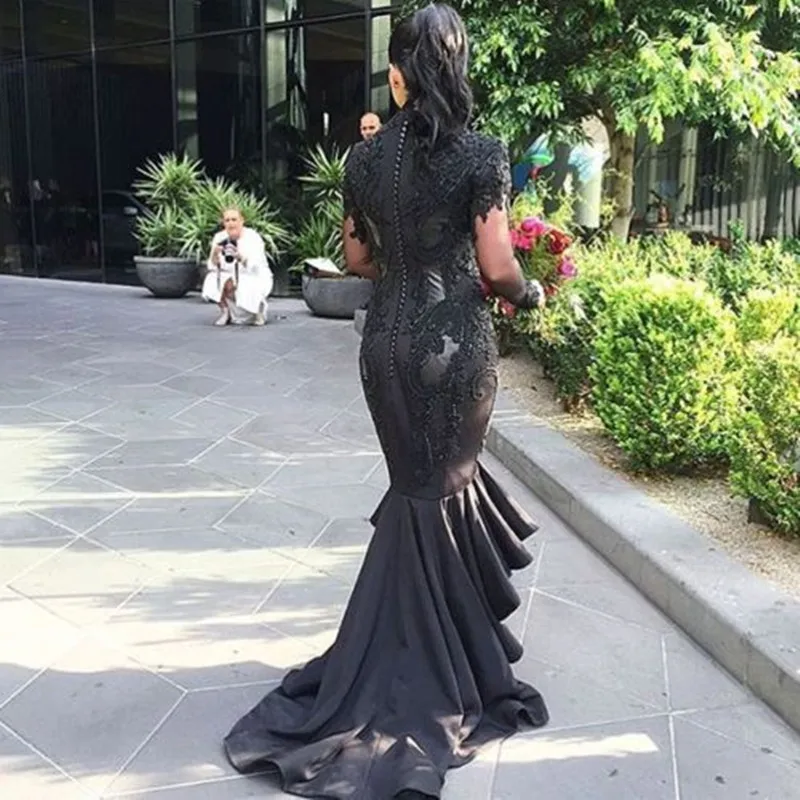 New 2017 Style Saudi Arabia Mermaid Prom Dresses High Neck Long Sleeve Party Dress Appliques Evening Robe de soiree longue | Свадьбы и