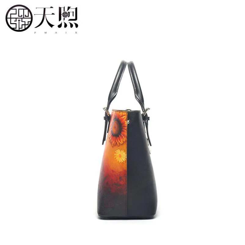 Pmsix high quality fashion luxury brand first layer cowhide handbag 2019 new national wind leather large capacity | Багаж и сумки