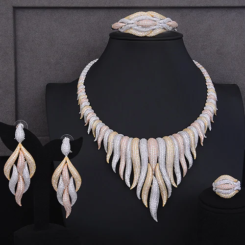 GODKI супер роскошный ледник кисточки 4 шт. Африканское Ожерелье Циркон комплекты украшений для женщин свадебный индийский нигерийский комплект украшений для вечеринки - Окраска металла: Tricolor(3tone)