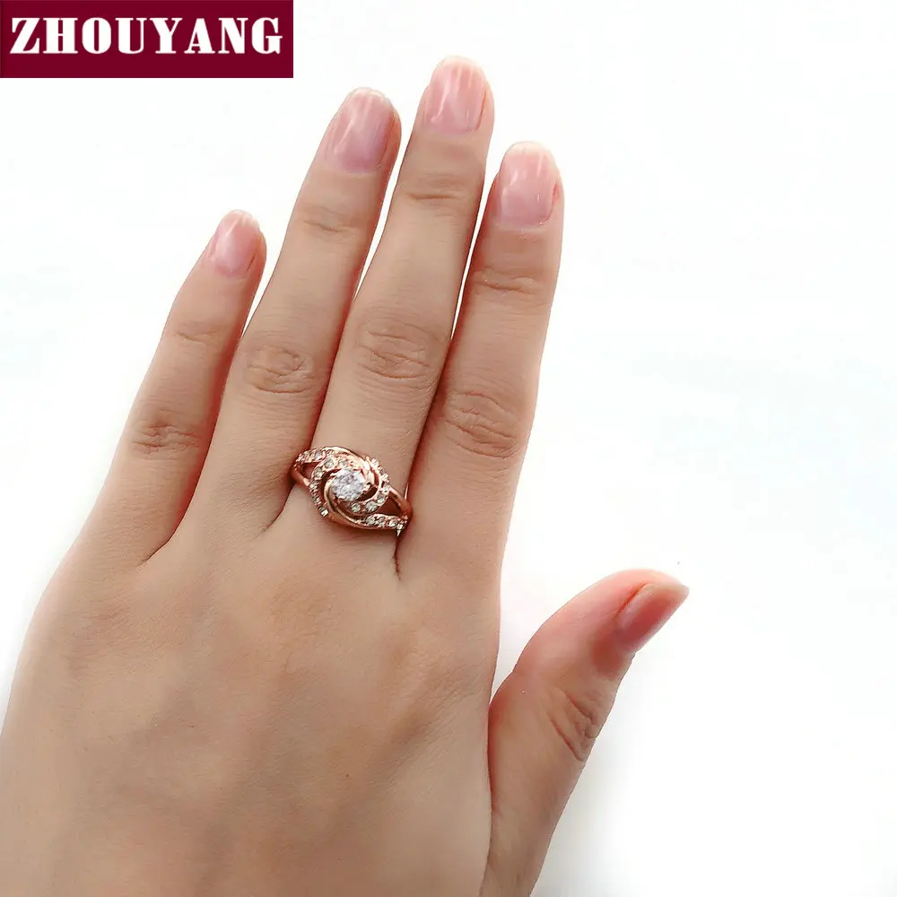 ZHOUYANG, обручальное кольцо для женщин, розовое золото, четыре когтя, спиральный дизайн, роскошный кубический цирконий, подарок, модное ювелирное изделие R780