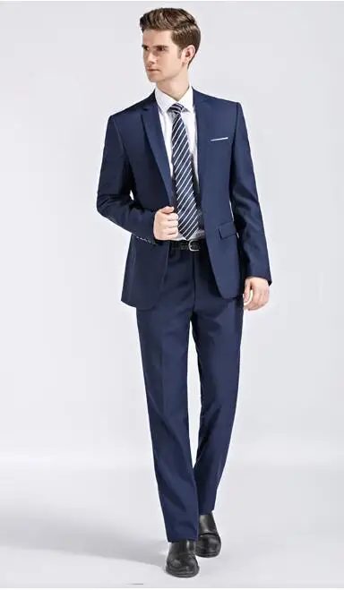 Синие мужские облегающие костюмы из 2 предметов свадебные с отворотом на одной