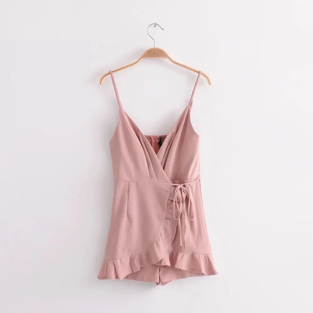 Женский розовый короткий комбинезон с открытой спиной однотонный Повседневный