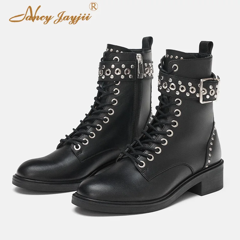 

Motorcycle Boots Ankle Ladies Shoes Female Luxury Fashion Brand Rivets Lace-Up 2021 Autumn Plush Dress Party Street Size 44 39