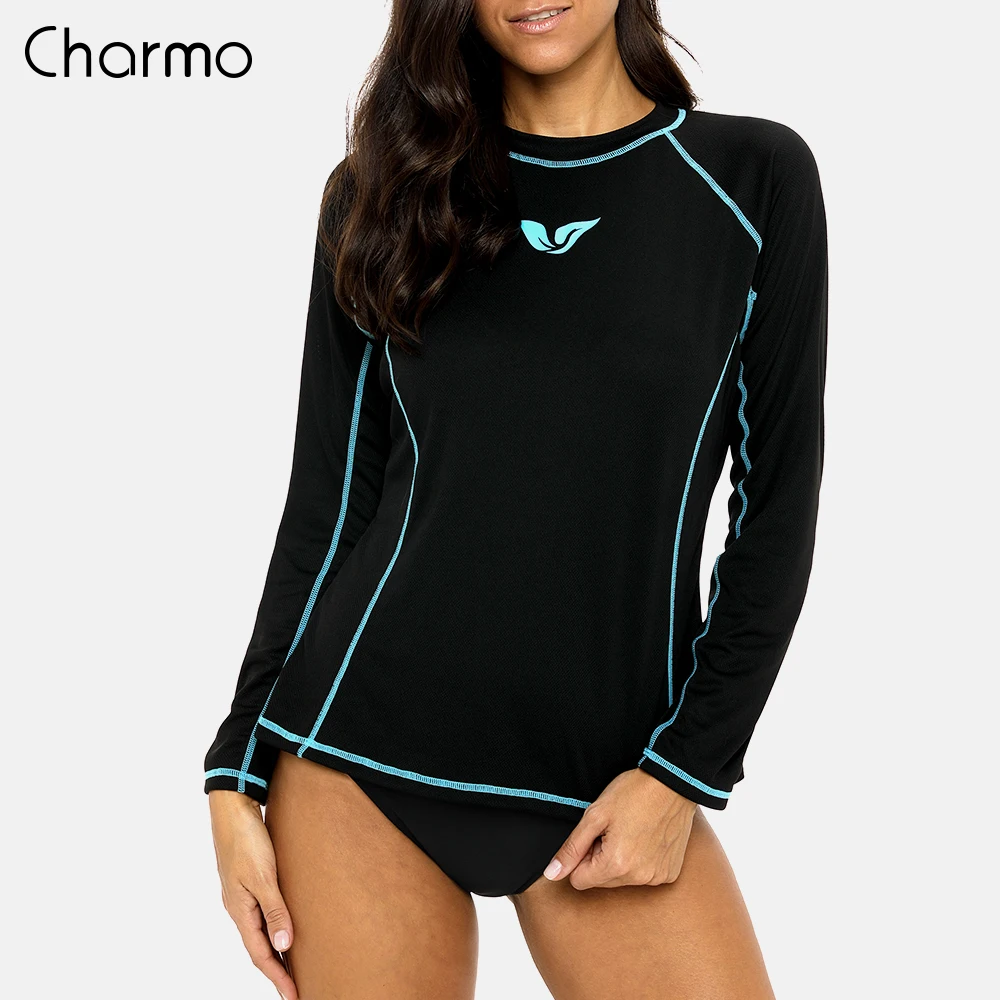 Charmo Women Rash Guard Long Sleeve Quick-drying Rashguard Surf Top Running Biking Shirts Swimsuit UPF 50+ Quick Dry Beachwear