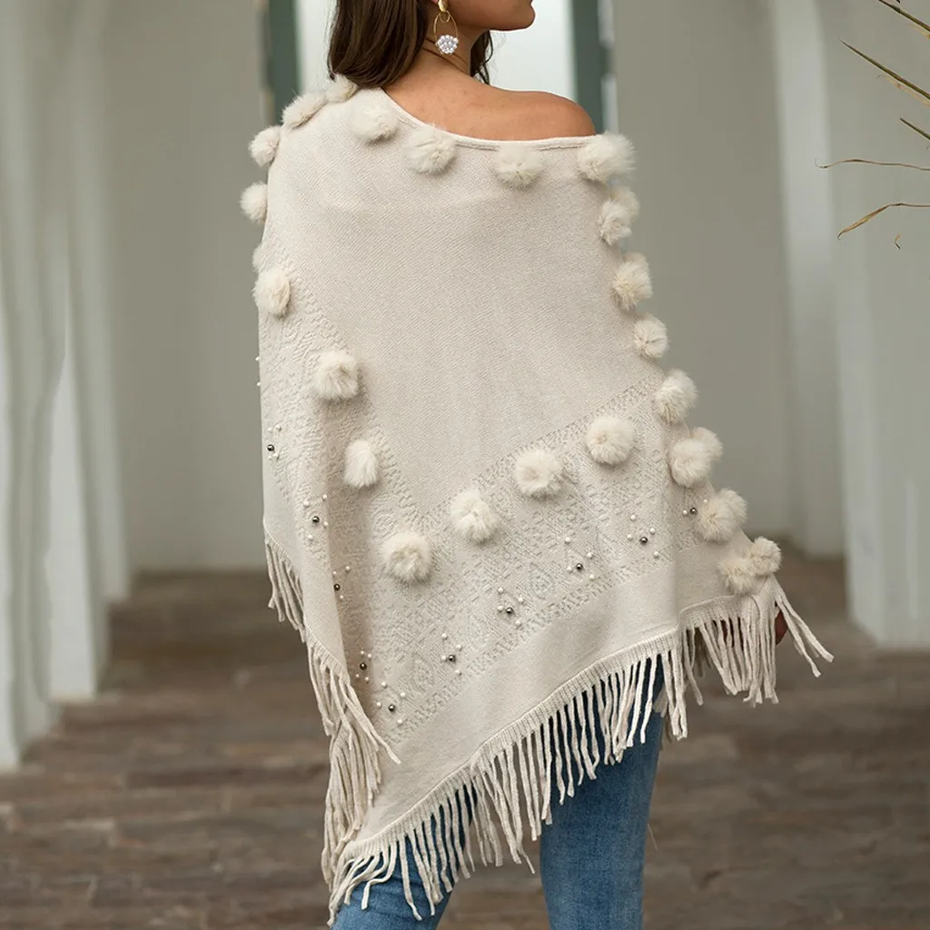 Women O-Neck Solid Hairball Tassel Sweater Autumn Vintage Pulover Fashion Coat Loose Knitted Shawl Poncho Ladies Clothes#N | Женская