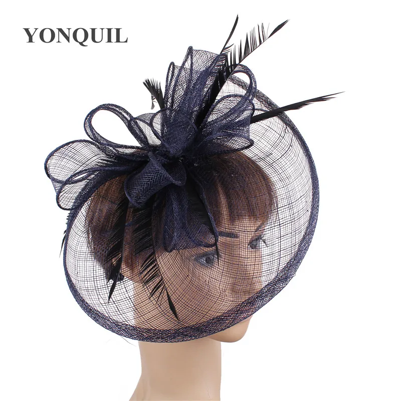 Vintage Elegant Navy Blue Fedora Cap Shapeau Hat Wedding Fascinators Feather Loop Headwear Ladies Female Hair Accessories SYF278