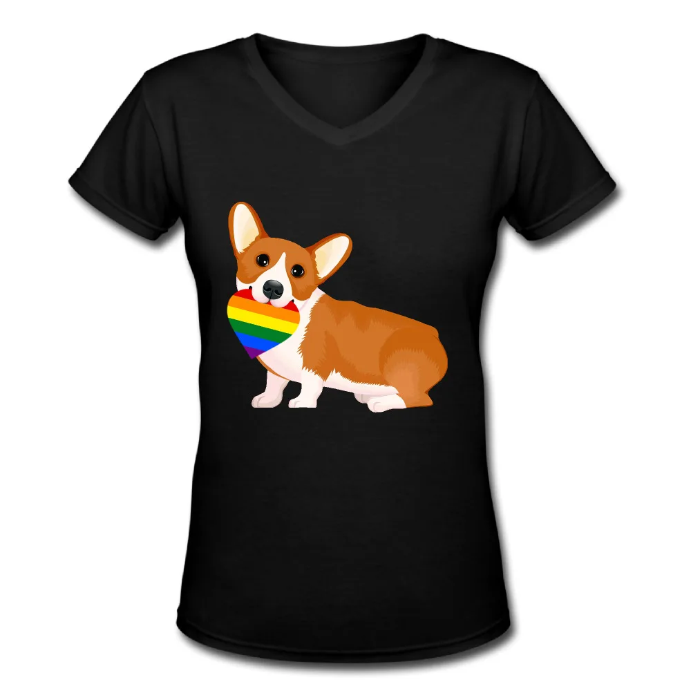 Women Gay Pride Corgi Dog Rainbow Heart Flag Printed T-Shirt Short Sleeve Casual Tees Shirts Cool V Neck Lady Tops | Женская одежда