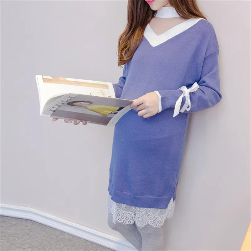 

Pregnant Women Long Pullover Winter Knitted Sweater V-neck Contrast Color Casual Maternity Clothings Full Sleeve Knee-Length