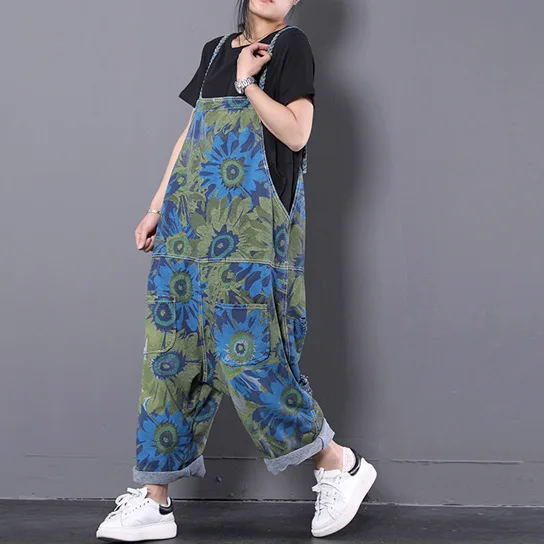 Весенние комбинезоны Для женщин Ретро свободные Омывается Винтаж принт