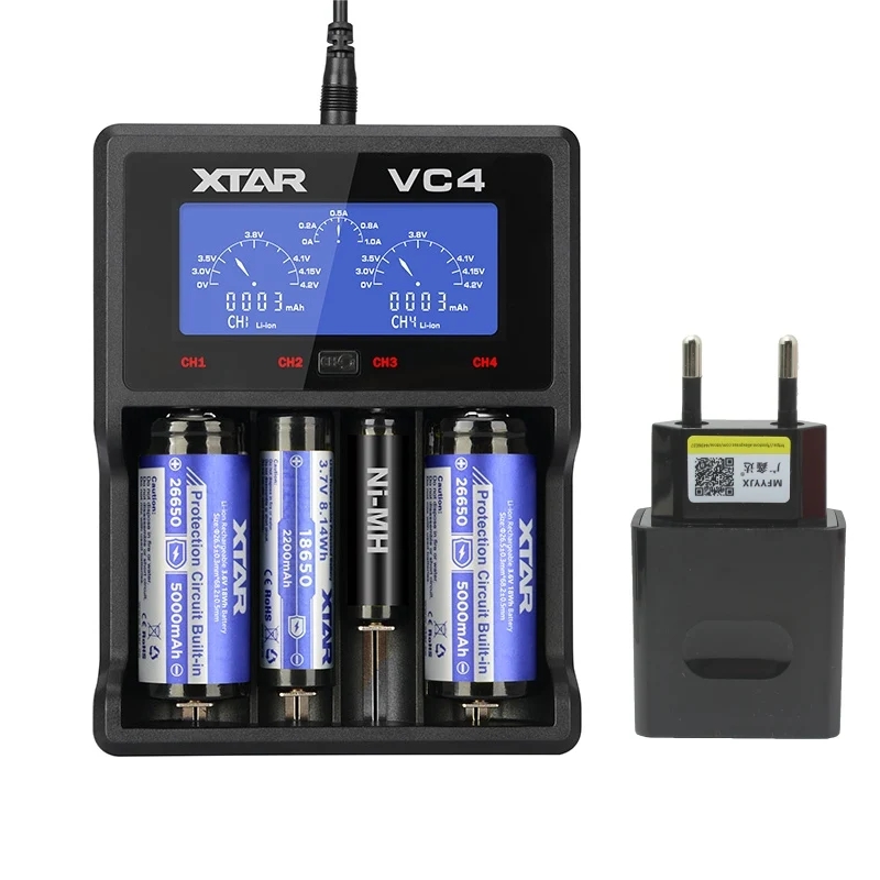 VC4 and EUplug XTAR VC2 VC4 зарядное устройство Универсальный ЖК-экран дисплей USB Ni-MH/Ni-CD Li-Ion 18650 20700 21700 22650 26650 18500 18700 16340 - Цвет: VC4 and EUplug