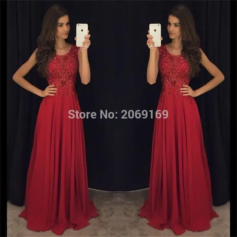 

Rose Red Exquisite Evening Dresses Long 2020 robe de soiree Chiffon Sheer Neck Evening Formal Prom Occasion Gowns Scoop Neck