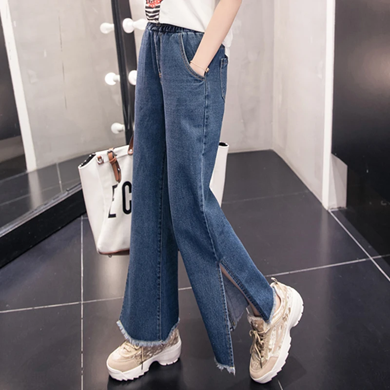 Woman Hem Frayed Wide Leg Jeans Autumn Plus Size Elastic High Waist Korean Vintage Solid Denim Pants Split Trousers |