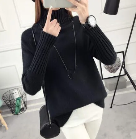 Fall and Winter 2019 New Loose High-necked Sweater Woman Korean Edition Long-sleeved Bottom Knitted Plushing Thicken | Женская одежда