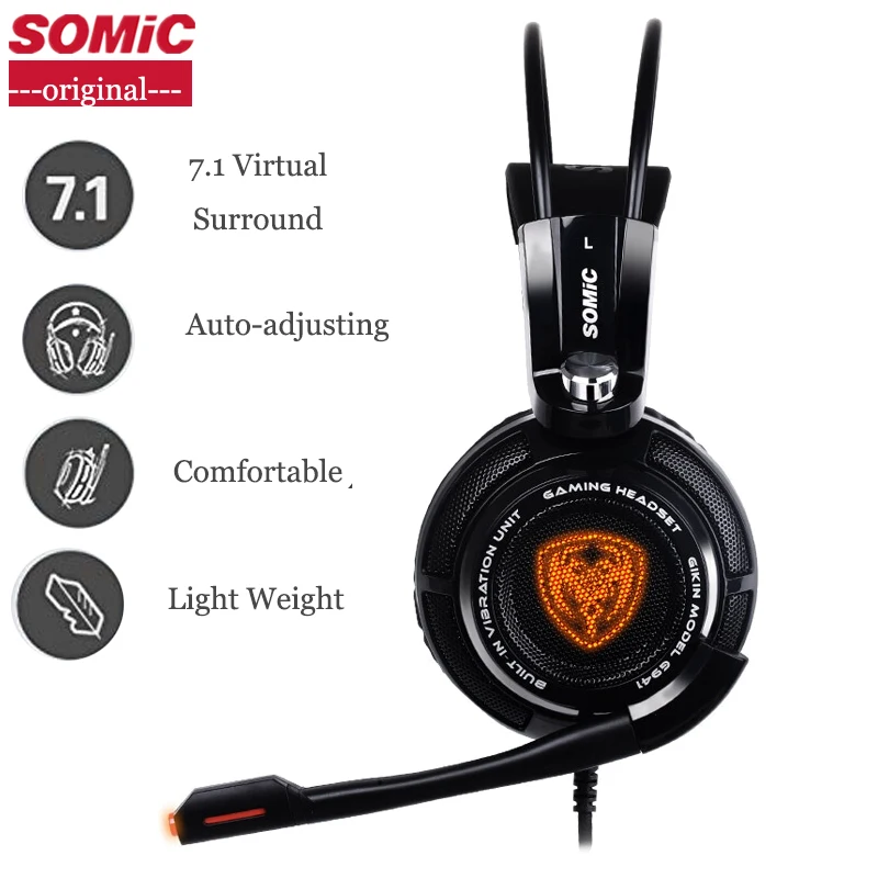 somic G941 7,1 звук Игровая гарнитура с вибрацией стерео Бас шум шумоподавления наушники светодиодный микрофоном свет USB разъем