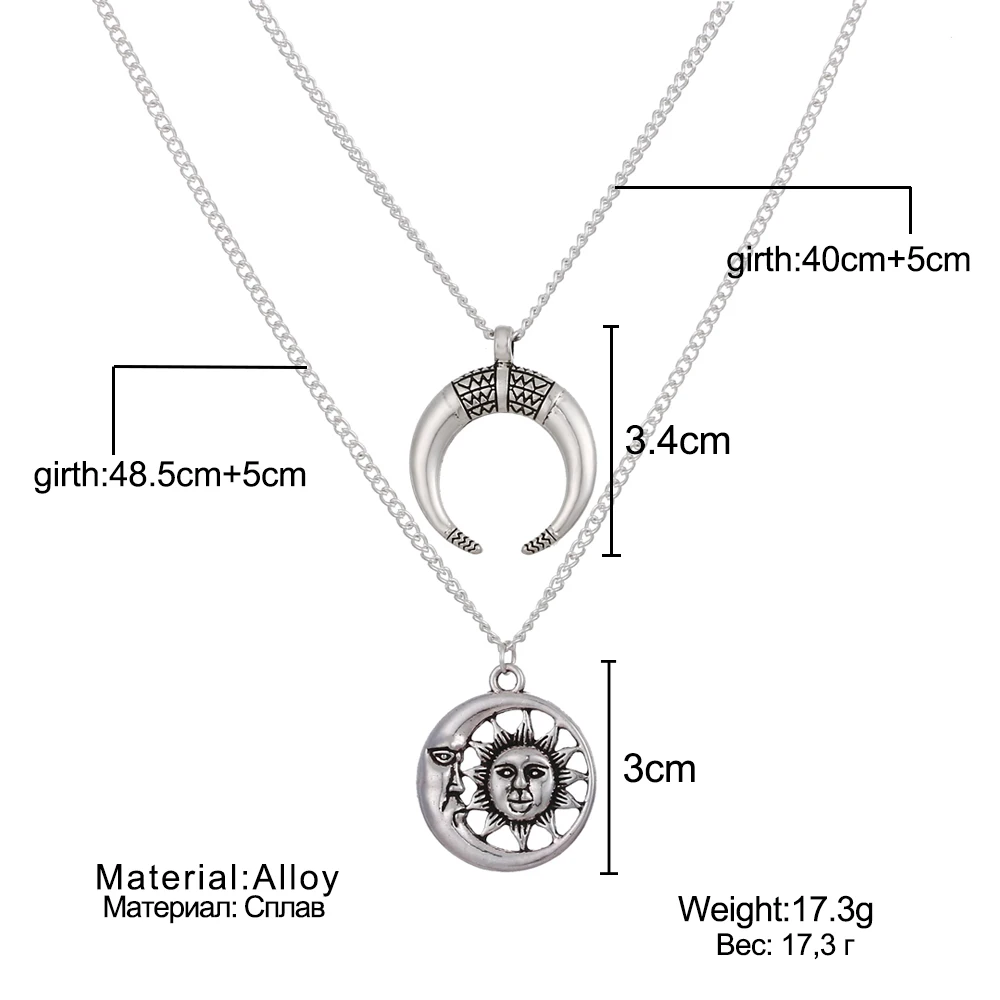 

Vintage Simple Double layer Chain Horn Necklace For Women Boho Big Sun Moon Pendant Necklace Collier Fashion Jewelry