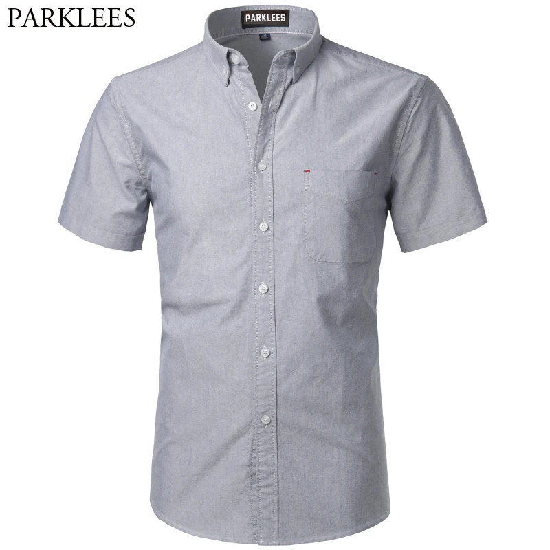 

Gray Oxford Cotton Shirt Men Slim Fit Short Sleeve Mens Dress Shirts Casual Button Down Chemise Business Work Camiseta Masculina