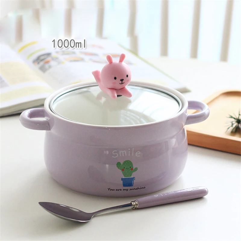purple with spoon 1000 мл мультяшная керамическая обеденная чаша креативная Студенческая рисовая чаша бытовые суповые тарелки для лапши чаша с функцией держателя мобильного телефона - Цвет: purple with spoon
