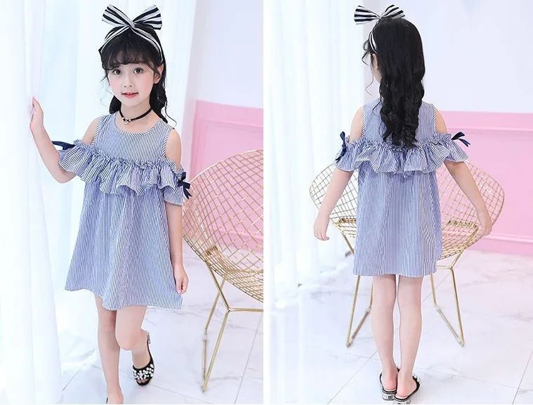 Summer Teen Girls Clothes Blue Stripe Dress for Kids Ruffles Dress+Headband Children New Cotton Wear 1-12Y | Детская одежда и