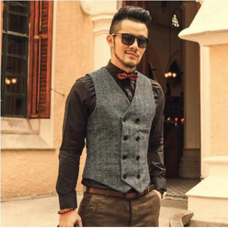 Mens Double Breasted Vest Men Dress Suit Formal Grey Gilet Slim Business Jacket Tops homme 2019 spring | Мужская одежда