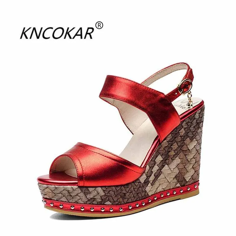 

KNCOKAR Summer new real leather upper and outer leather high wedge and waterproof platform sandals34-39