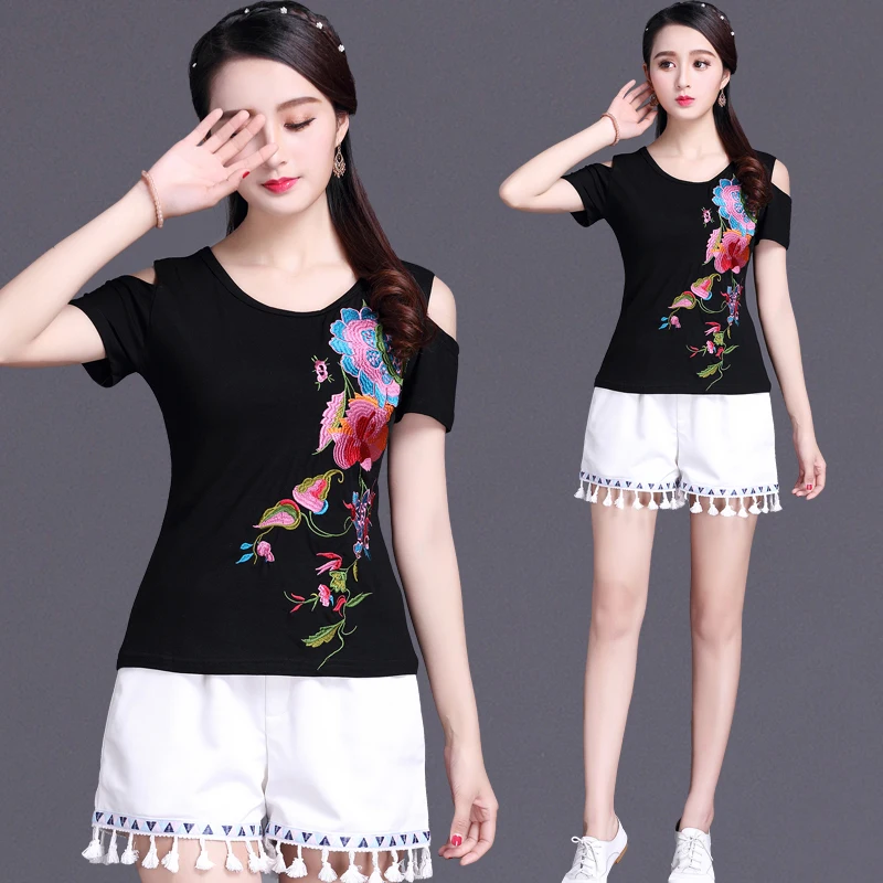 

2018 Plus Size Summer New Female T Shirts Ms hand embroidery flowers Short Sleeve tshirt Women's Cotton O-neck T-shirt Tops 6XL