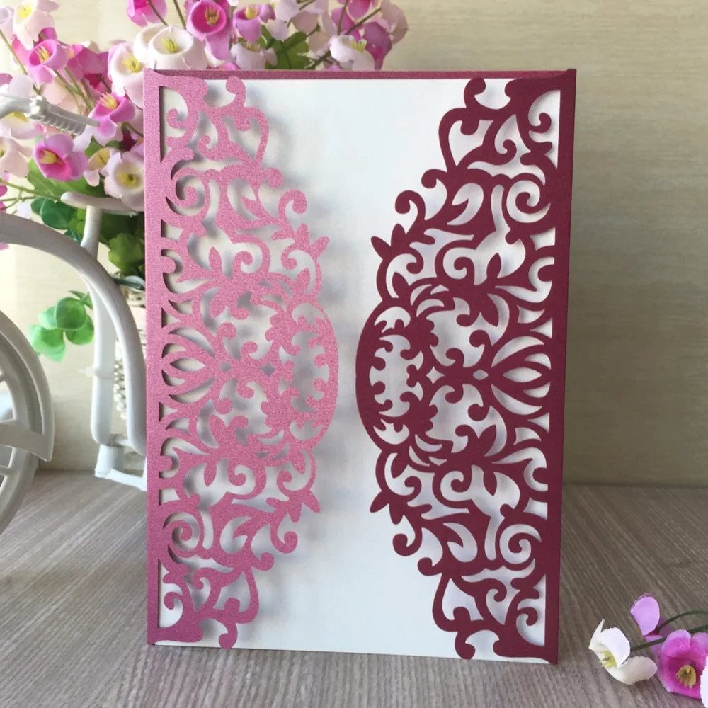 

20Pcs New Arrived Wedding Invitations Cards Birthday Party Invitations Card Suppliers Laser Cut Pearl paper Wine red color card