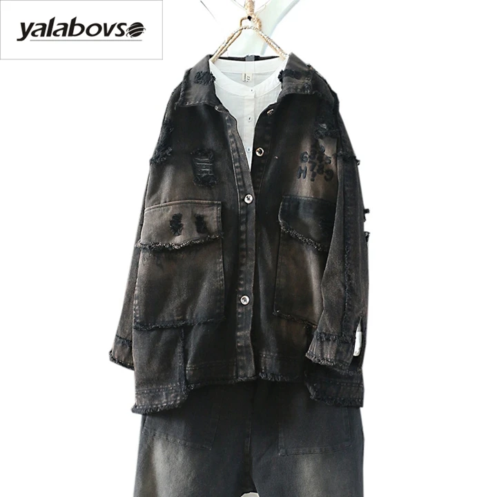 black jacket only Осенняя женская джинсовая куртка в стиле панк с неровными дырками, винтажное крутое пальто для женщин A0fz20 - Цвет: black jacket only