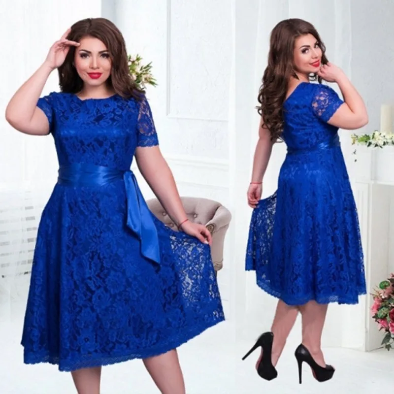 S 6XL Чай Длина плюс Размеры кружевное платье короткий рукав A Line Midi Dress пояс кушак