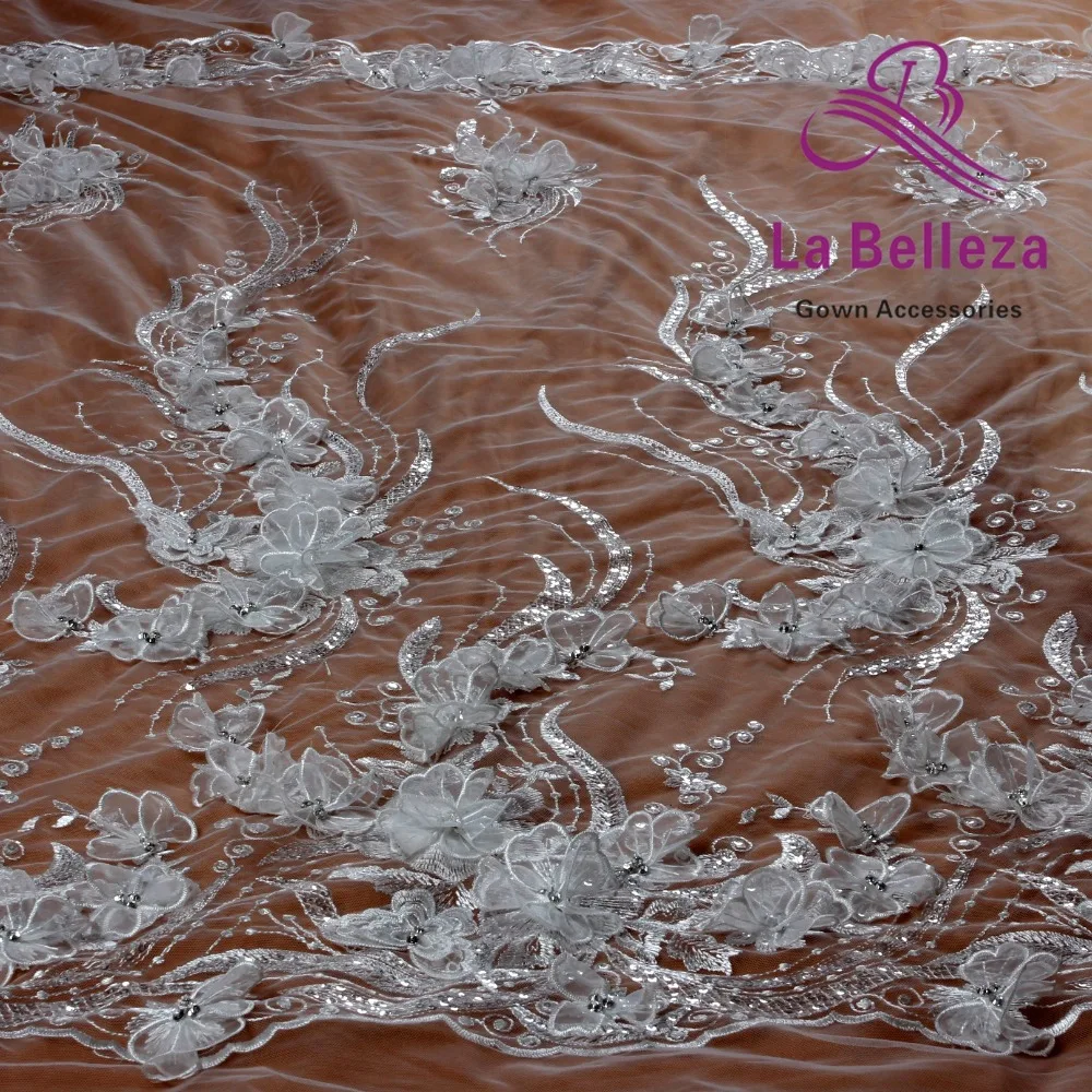 La Belleza 1 ярд новая кружевная ткань ручной работы с 3D цветком из белой органзы с цветами и кристаллами для свадебного платья кружевная ткань
