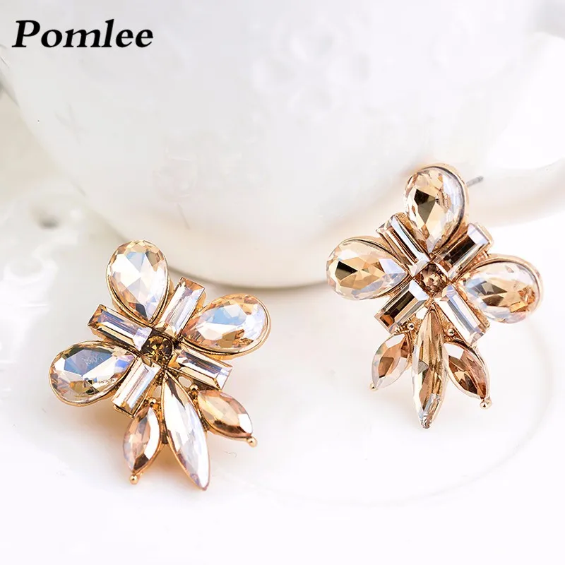 Pomlee 2018 блестящие стекло кристалл серьги гвоздики для женщин Boho крест Корейские