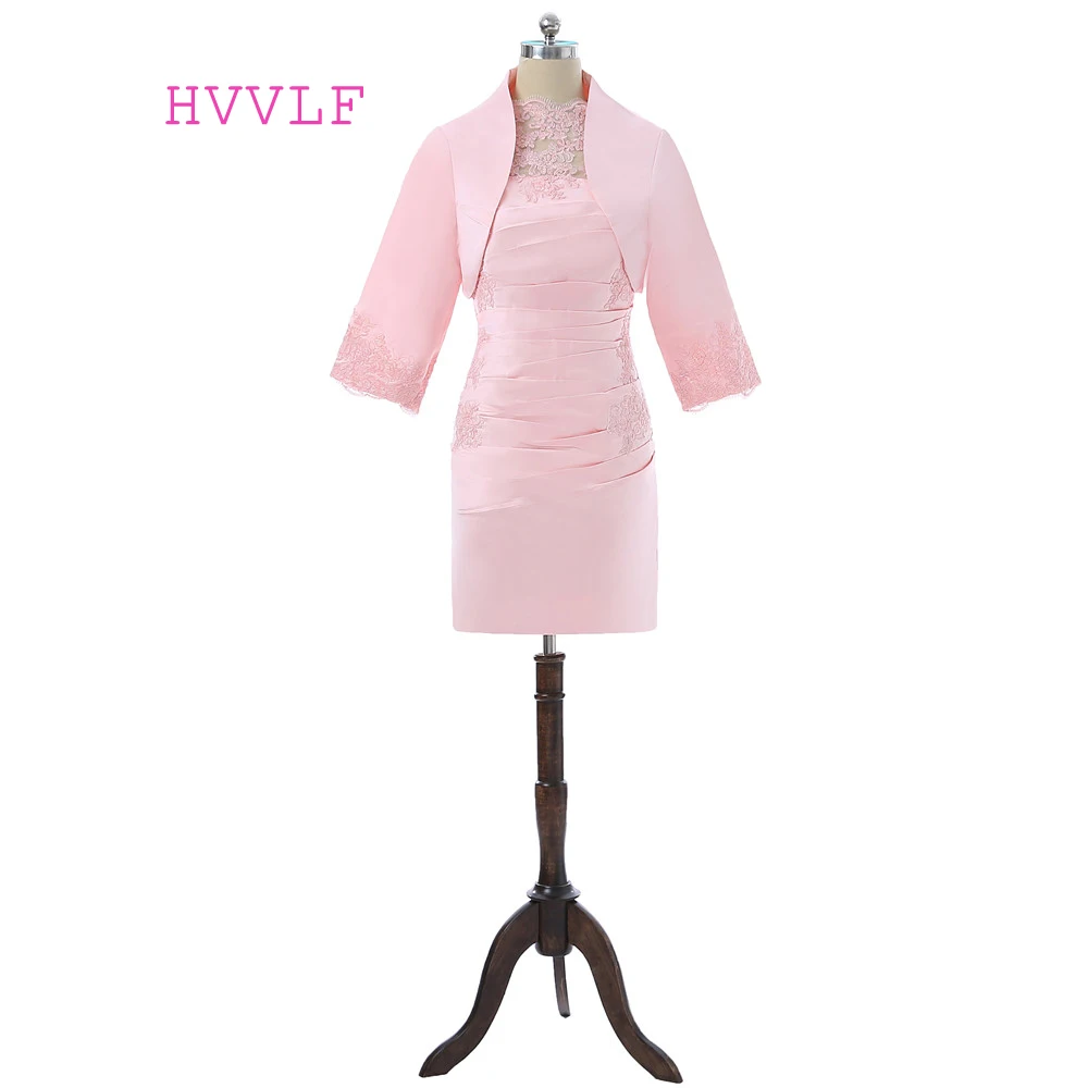 

Pink Mother Of The Bride Dresses Sheath Knee Length With Jacket Lace Wedding Party Dress Short Mother Dresses For Wedding