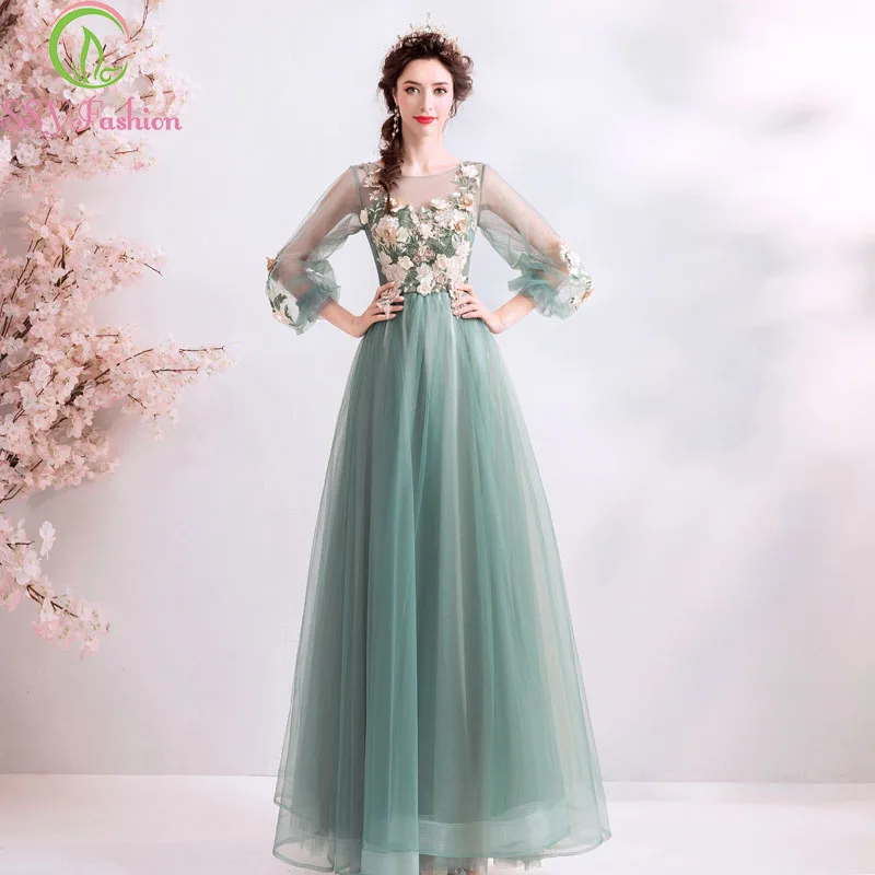 

Женское банкетное платье SSYFashion, с длинными рукавами и цветочной вышивкой