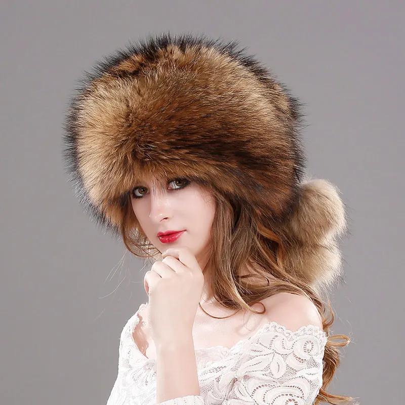 01 raccoon fur Помпон Шапки натуральным лисьим мехом cap Женские шапочки шляпа натуральный мех енота вязаные шапочки для Для женщин зимние натуральная меховая шапка крышка - Цвет: 01 raccoon fur