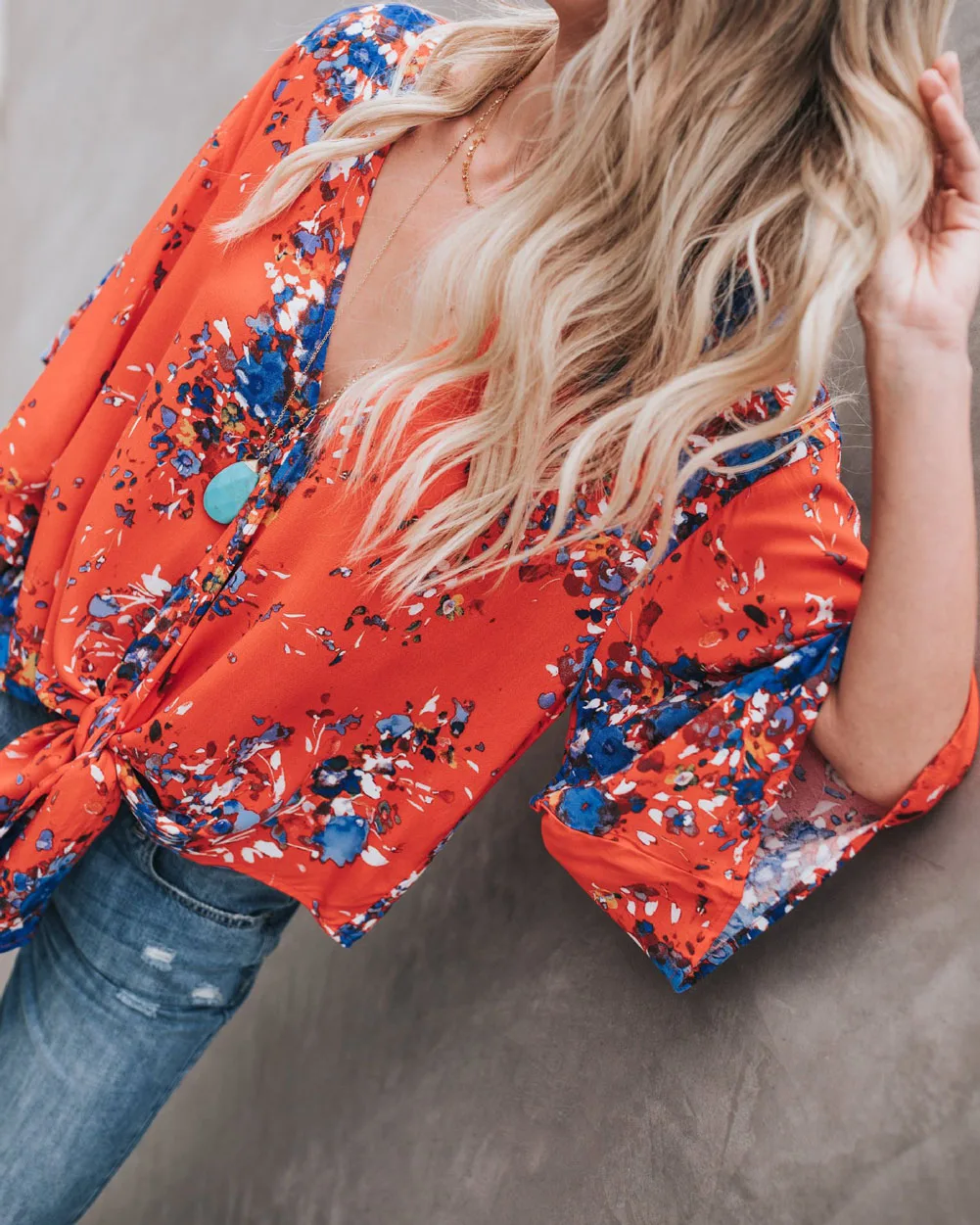 Fashion Womens Flower Casual Loose Long Flare Sleeve Shirt V-Neck Blouse | Женская одежда