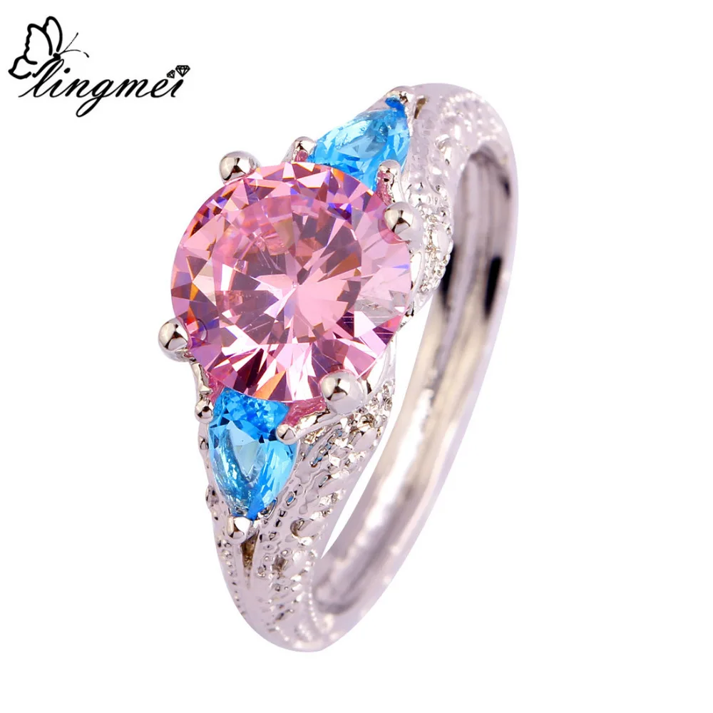 Lingmei новые модные ювелирные изделия Розовый CZ синий CZSilver ColorRing Размер 6-10 11 для