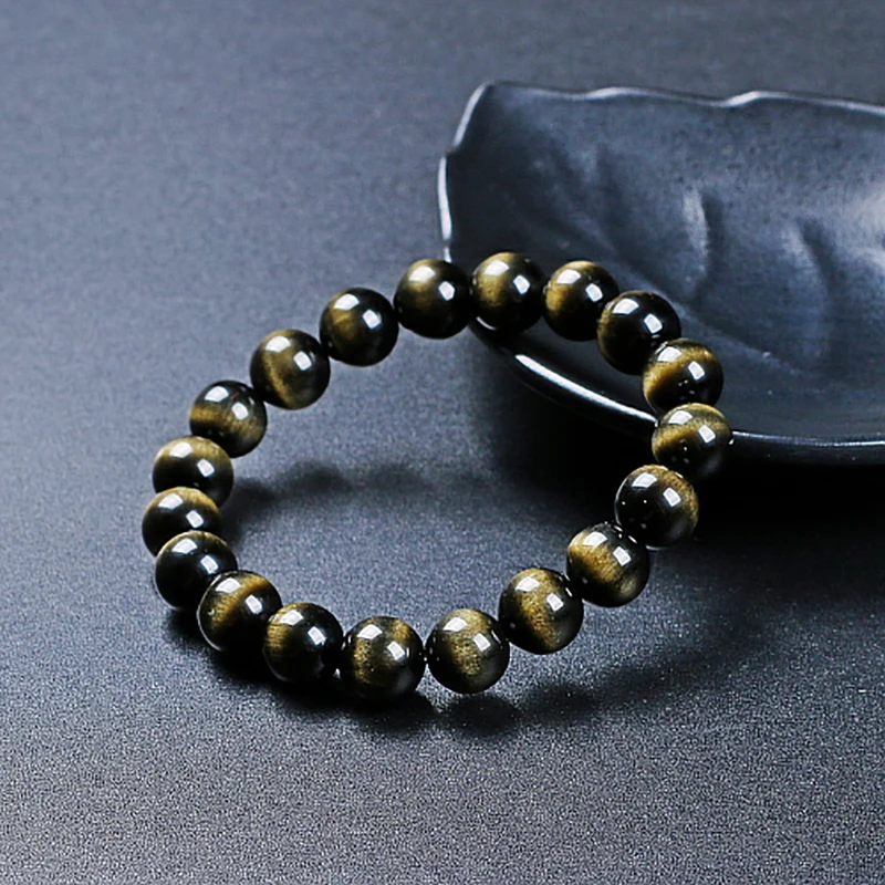 

8AAAAAAAA Natural Stone Gold Obsidian Cat's Eye Round Beads Stretch Bracelet Jewelry With Lucky Evil Brave Troops For Men/Women
