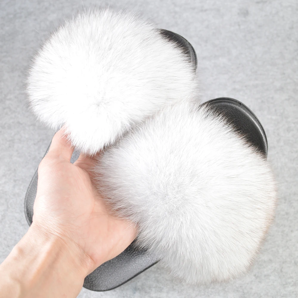 Шлепанцы женские из натурального Лисьего меха летние сандалии на плоской