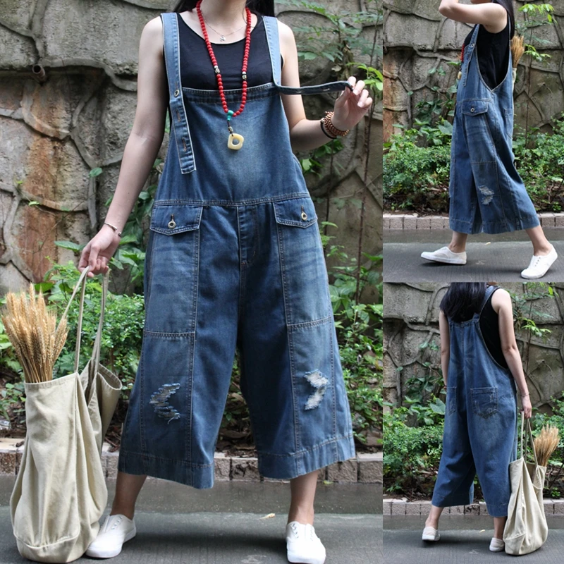 Free Shipping 2019 New Fashion Overalls Sleeveless Denim Loose Jumpsuits And Rompers With Holes Wide Leg 3/4 Women Trousers
