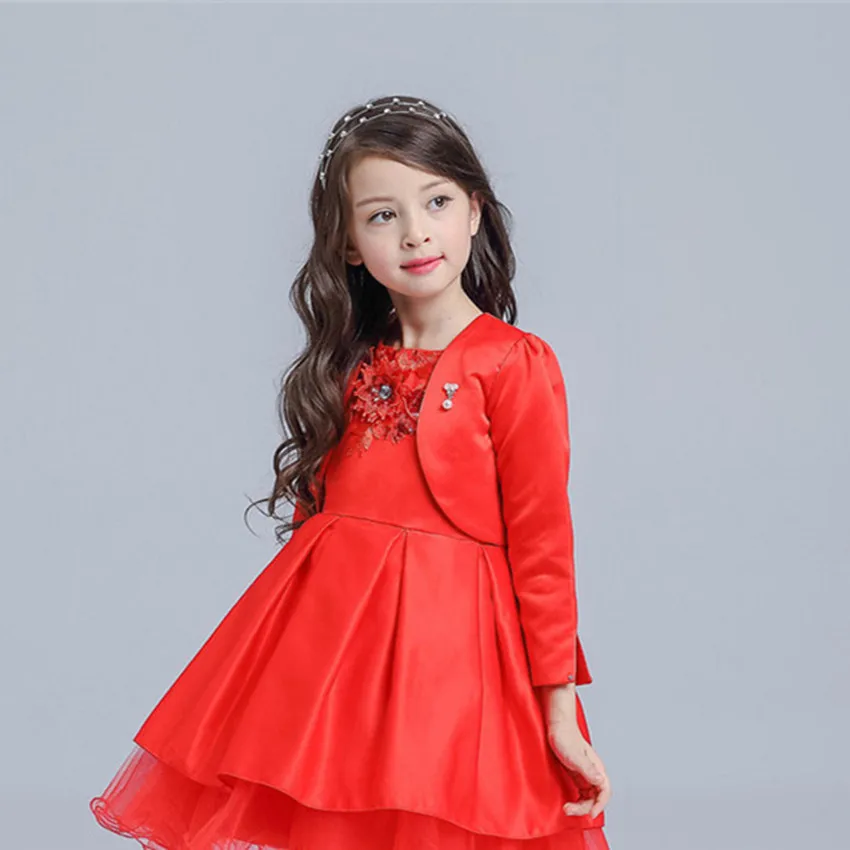 Red Girl Dress with Long Sleeve Jacket Christmas Party Clothing Set For 3 4 6 8 10 12 Year Old 2017 Girls Clothes AKF164112 | Детская