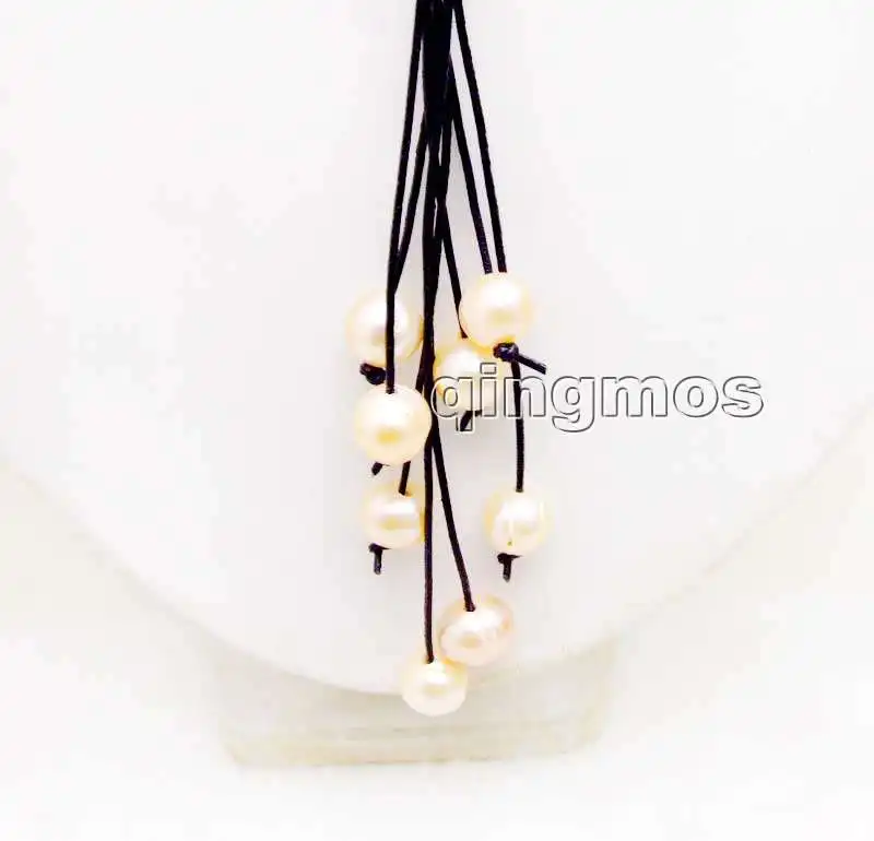 Big 10-11mm Pink Potato Natural Freshwater Pearl &amp Black Leather 4 strands 32&quot Long Necklace-nec6148 Wholesale/retail Free ship |