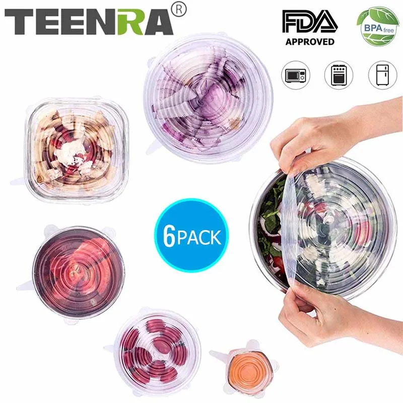 Универсальные силиконовые крышки TEENRA 6 шт. многоразовые для пищевых продуктов