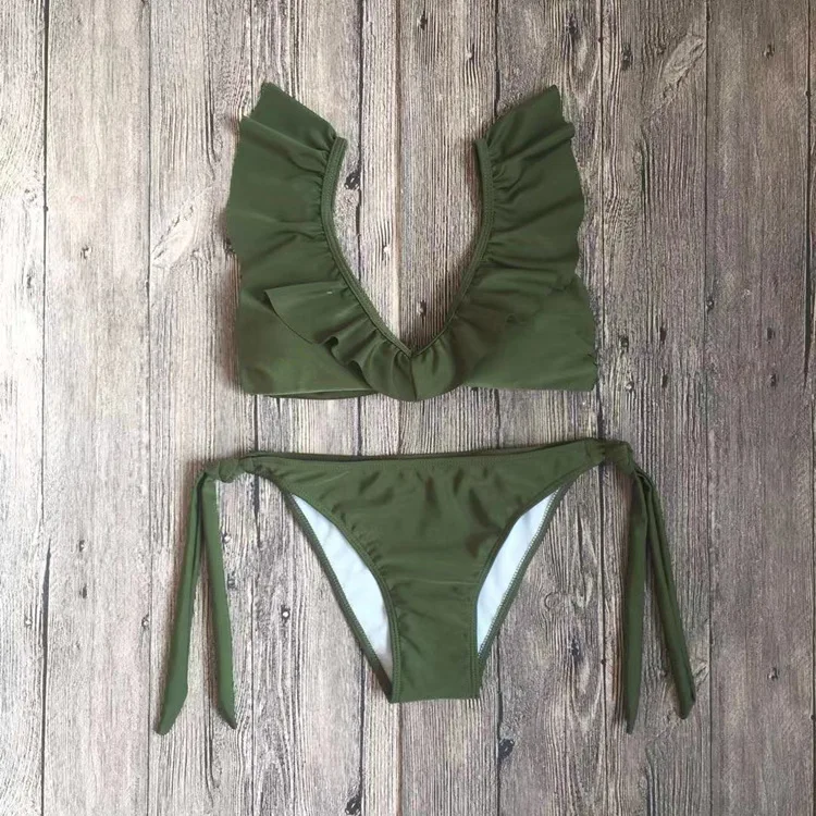 Женский пляжный раздельный купальник Bikinii однотонный с листьями лотоса лето 2019| |