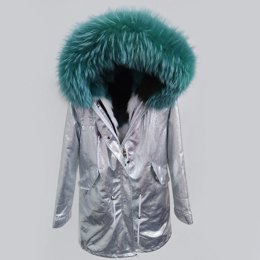 OFTBUY, новинка, парка, шуба, зимняя куртка, женская, серебряная, искусственная кожа, пальто, натуральный мех енота, воротник, натуральный Лисий мех, inisde, теплый, толстый мех