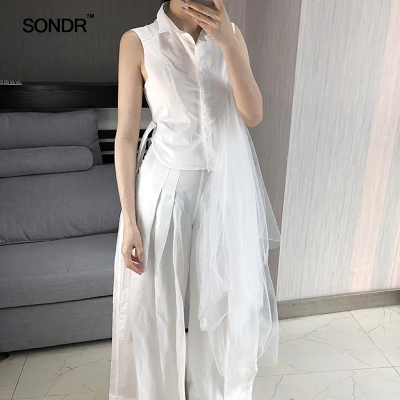 

SONDR Irregular mesh patchwork stand collar tie waist slimming white shirt women 2019 summer dress new