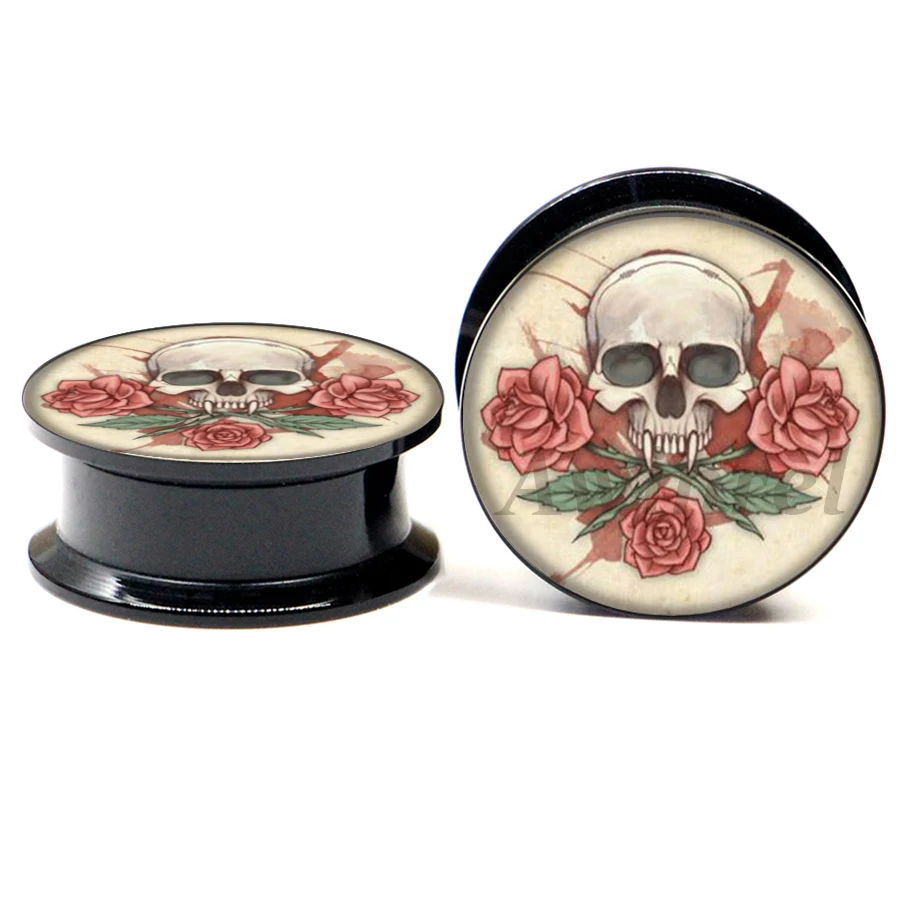 1 пара Винтаж цветка черепа Акриловые серьги для тоннелей Вилки плотно