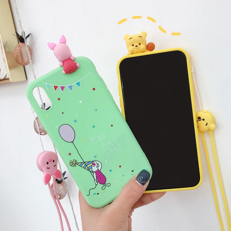 Marchcover for iPhone X XS MAX XR 8 7 6 6S Plus 3D Doll Cute Cartoon Balloon Bear case IMD Long strap Soft TPU cover armor |