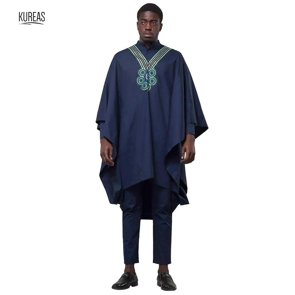 Синий Kureas африканская Дашики мужской костюм Agbada 3 шт. комплект синий Boubou Африка одежда с широкими рукавами халат формальный наряд - Цвет: Синий